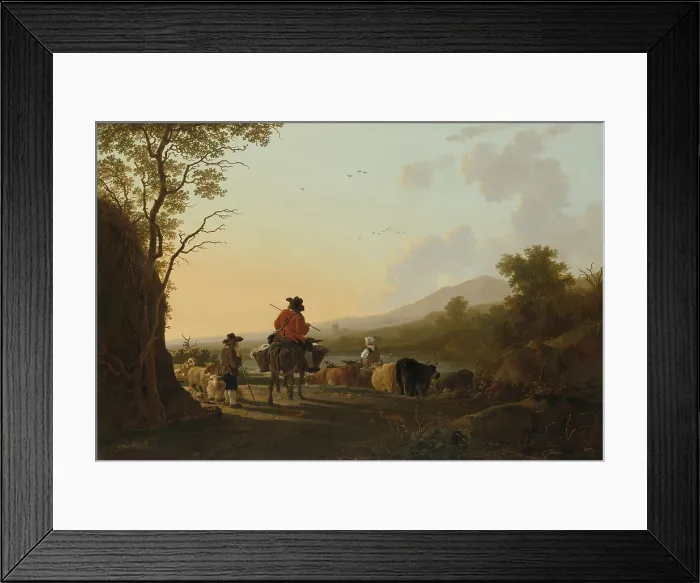 Framed Print : Landscape with Cattle Driver and Shepherd, by Jacob van Strij, 1780-85, Dutch painting, oil on panel. Italian landscape with a drover on a mule with his wife and a herd of cows