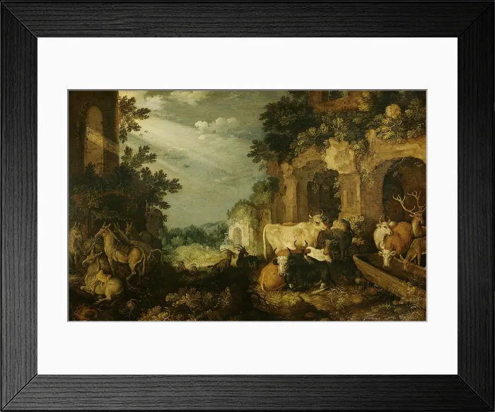 Framed Print : Landscape with Ruins, Cattle and Deer, by Roelant Savery, 1614-20, oil on panel. A buck and doe are at a watering trough with cattle. At left is a group of donkey's