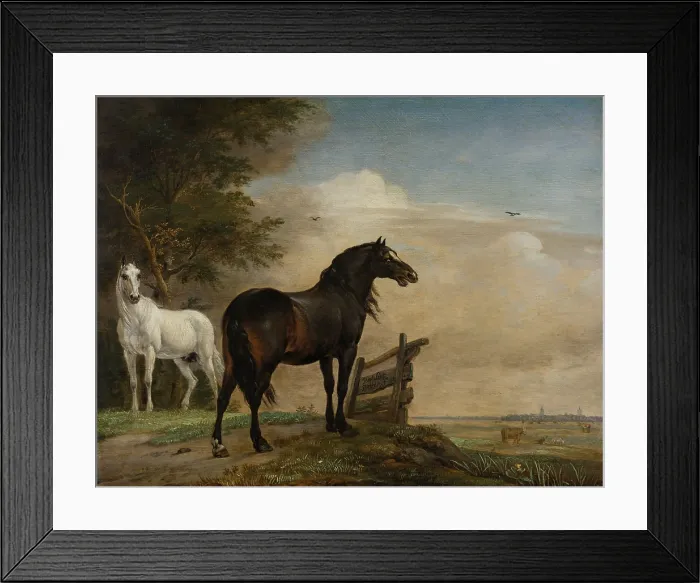 Framed Print : Two Horses in a Meadow Near a Gate, by Paulus Potter, 1649, Dutch painting, oil on panel