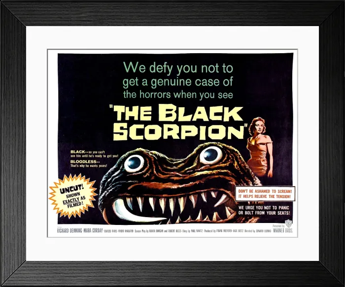 Framed Print : THE BLACK SCORPION, on right: Mara Corday; half-sheet poster, 1957 Framed Print : THE BLACK SCORPION, on right: Mara Corday; half-sheet poster, 1957