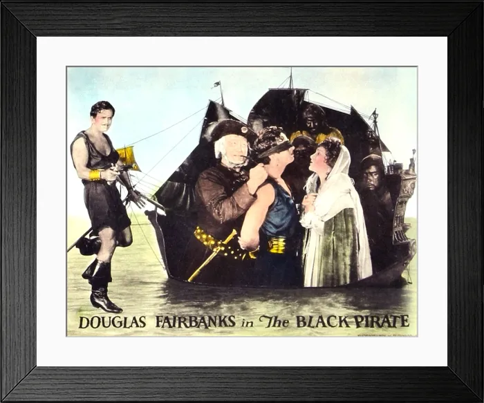 Framed Print : THE BLACK PIRATE, l-r: Douglas Fairbanks, Donald Crisp, Douglas Fairbanks, Billie Dove on lobbycard, 1926 Framed Print : THE BLACK PIRATE, l-r: Douglas Fairbanks, Donald Crisp, Douglas Fairbanks, Billie Dove on lobbycard, 1926