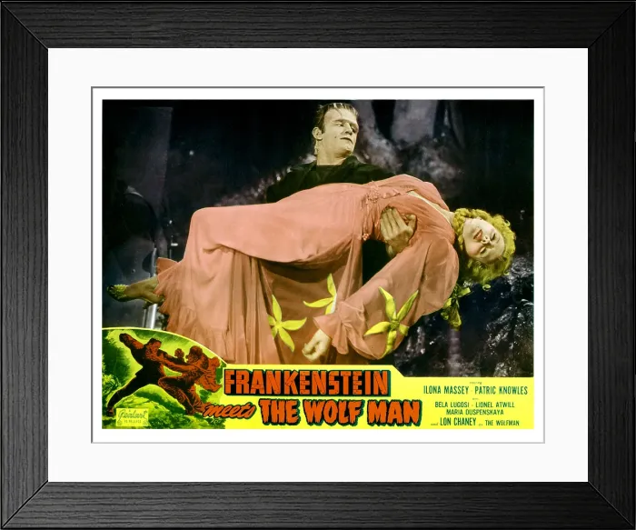 Framed Print : FRANKENSTEIN MEETS THE WOLF MAN, main image: Gil Perkins (Bela Lugosi's stunt double) as Frankenstein carrying Ilona Massey on a 1949 rerelease lobby card, 1943 Framed Print : FRANKENSTEIN MEETS THE WOLF MAN, main image: Gil Perkins (Bela Lugosi's stunt double) as Frankenstein carrying Ilona Massey on a 1949 rerelease lobby card, 1943