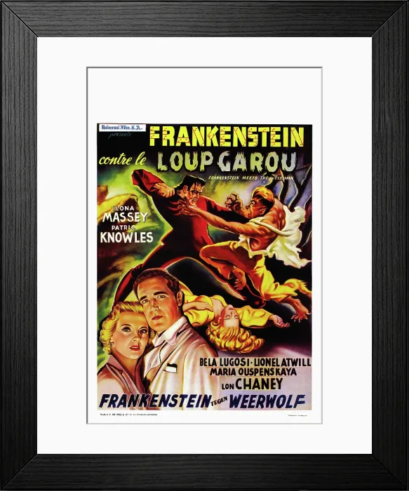 Framed Print : FRANKENSTEIN MEETS THE WOLF MAN, (aka FRANKENSTEIN CONTRE LE LOUP GAROU), Belgian poster, bottom from left: Ilona Massey, Patric Knowles, 1943