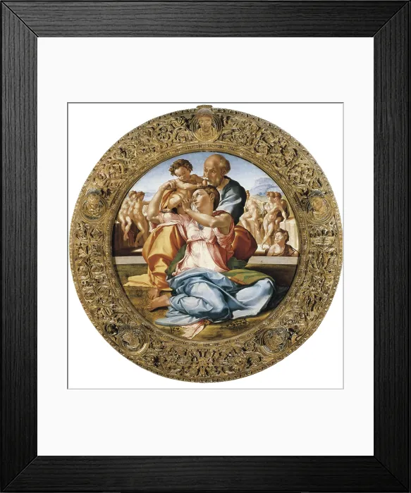 Framed Print : Michelangelo (1475-1564). The Holy Family with St. ca. 1505 - 1507. Realized on the occasion of the birth of Agnolo Doni and Maddalena Strozzi's first daughter