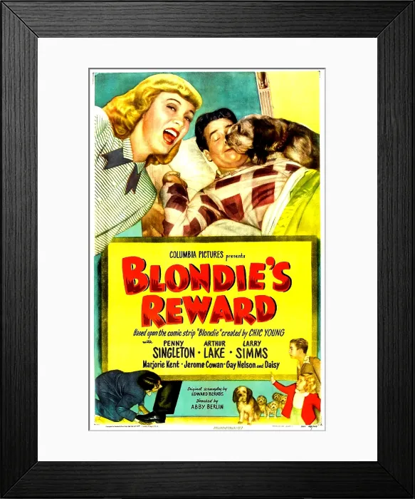 Framed Print : BLONDIE'S REWARD, US poster, from left: Penny Singleton, Arthur Lake, Daisy, bottom right from top: Larry Simms, Marjorie Kent (Marjorie Ann Mutchie), 1948