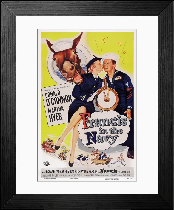 Framed Print : FRANCIS IN THE NAVY, US poster art, from left: Frances the Talking Mule, Martha Hyer, Donald O'Connor, 1955