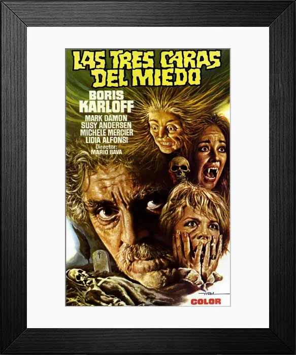 Framed Print : BLACK SABBATH, (aka LAS TRES CARAS DEL MIEDO), left: Boris Karloff on Spanish poster art, 1963 Framed Print : BLACK SABBATH, (aka LAS TRES CARAS DEL MIEDO), left: Boris Karloff on Spanish poster art, 1963