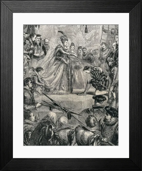 Framed Print : Queen Elizabeth I of England appointing Francis Drake as knight. Illustration by W. Thomas published in 'L'Univers Illustr'. Etching