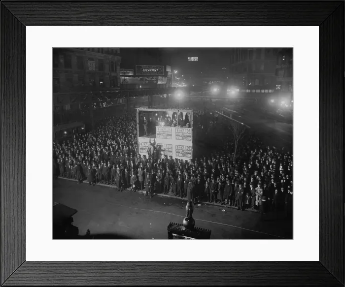 Framed Print : Election returns are projected from a booth by the New York Evening Telegram newspaper. A crowd has gathered to get the latest results, New York City, 1909. (BSLOC_2017_2_111) Framed Print : Election returns are projected from a booth by the New York Evening Telegram newspaper. A crowd has gathered to get the latest results, New York City, 1909. (BSLOC_2017_2_111)