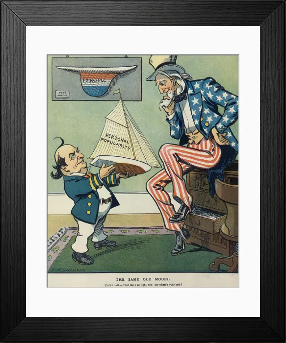 Framed Print : THE SAME OLD MODEL, 1908 political cartoon from PUCK magazine. William Jennings Bryan shows a model sailboat labeled Personal Popularity to Uncle Sam