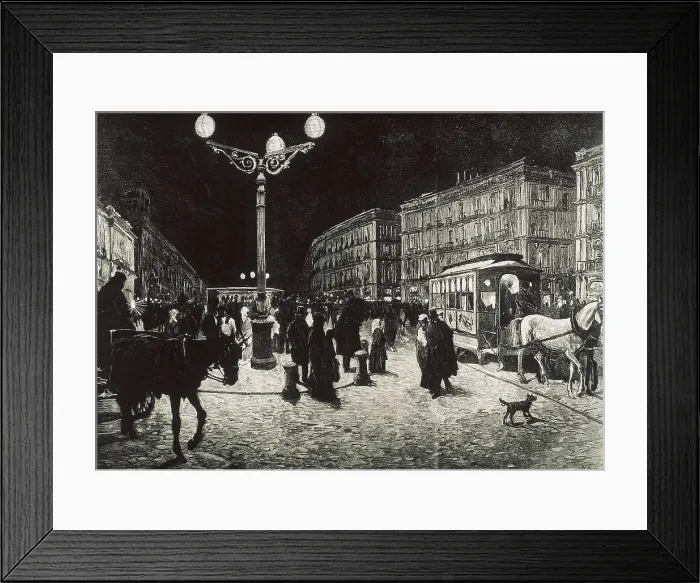 Framed Print : Madrid (1878). The Puerta del Sol enlightened with electric light. Picture after a drawing by Pellicer for 'La Ilsutracin Espaola y Americana'. Etching
