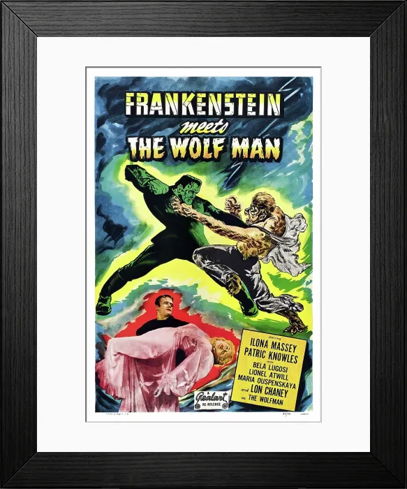 Framed Print : FRANKENSTEIN MEETS THE WOLF MAN, bottom image: Gil Perkins (Bela Lugosi's stunt double) as Frankenstein carrying Ilona Massey on a 1949 rerelease poster, 1943