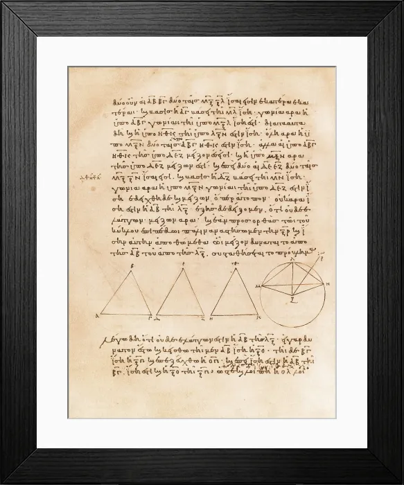 Framed Print : EUCLID (c. 300 BC). Page of the wotrk 'Elementa'. D'Orville Manuscript 301, folio 287 y. Manuscript written in Greek in Constantinople in 888. UNITED KINGDOM