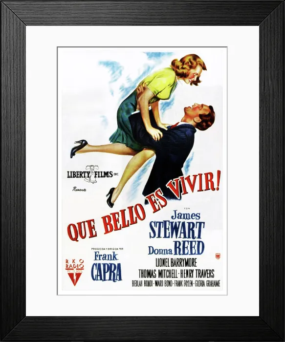 Framed Print : IT'S A WONDERFUL LIFE, (aka QUE BELLO ES VIVIR!), from left: Donna Reed, James Stewart on Spanish poster art, 1946