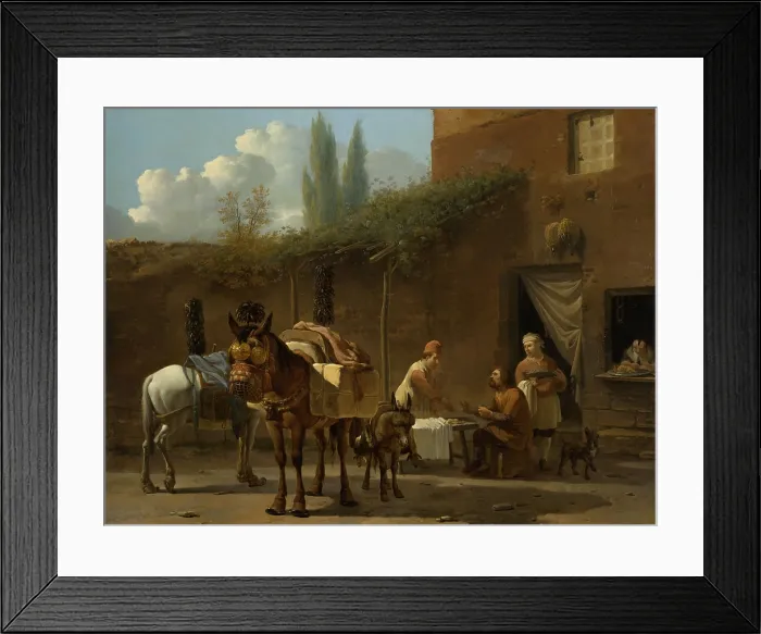 Framed Print : Muleteers at an Inn, by Karel Dujardin, 1658-60, Dutch painting, oil on panel. Italianate scene at an inn, where a man traveling with loaded mules dines