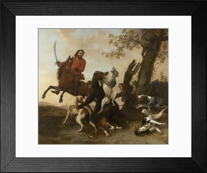Framed Print : Bear Hunt, by Paulus Potter, 1649, Dutch painting, oil on canvas. Bear fights for its life with a pack of hounds and a hunter on horseback with sword drawn