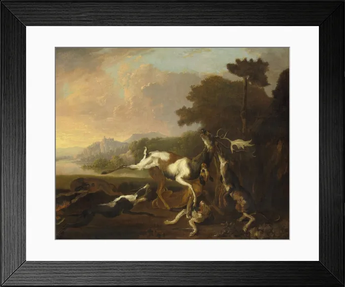 Framed Print : Stag Hunt, by Abraham Hondius, 1650-95, Dutch painting, oil on canvas. Six hounds bring down a stag in a river landscape (BSLOC_2016_3_305) Framed Print : Stag Hunt, by Abraham Hondius, 1650-95, Dutch painting, oil on canvas. Six hounds bring down a stag in a river landscape (BSLOC_2016_3_305)