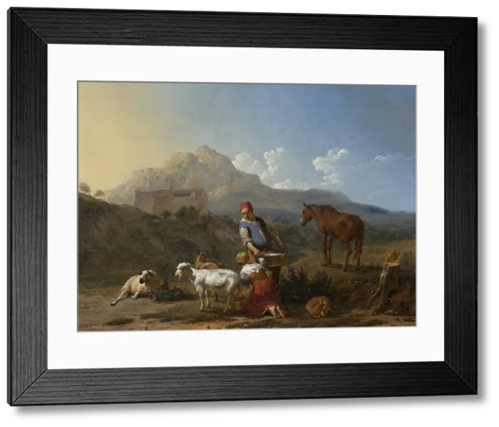 Framed Print : Italian Landscape with Girl Milking a Goat, by Karel Dujardin, 1652, Dutch painting, oil on panel. Standing next to her is a peasant with a tub filled with milk (BSLOC_2016_3_300) Framed Print : Italian Landscape with Girl Milking a Goat, by Karel Dujardin, 1652, Dutch painting, oil on panel. Standing next to her is a peasant with a tub filled with milk (BSLOC_2016_3_300)