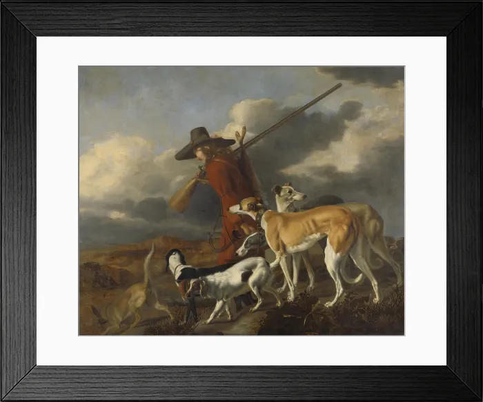 Framed Print : The Hunter, by Adriaen Beeldemaker, 1653, Dutch painting, oil on canvas. Returning hunter with his dogs and a dead hare tied to his rifle (BSLOC_2016_3_304)