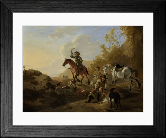Framed Print : Hunters Resting, Dirk Stoop, 1650-55, Dutch painting, oil on panel. Hunters and their hounds have stopped in an Italianate mountain landscape