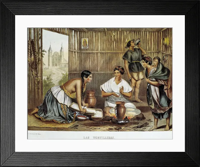 Framed Print : Mexico (19th c.). 'Las tortilleras'. Indian women cooking 'tortitas'. Litography. MEXICO. Mexico City Framed Print : Mexico (19th c.). 'Las tortilleras'. Indian women cooking 'tortitas'. Litography. MEXICO. Mexico City