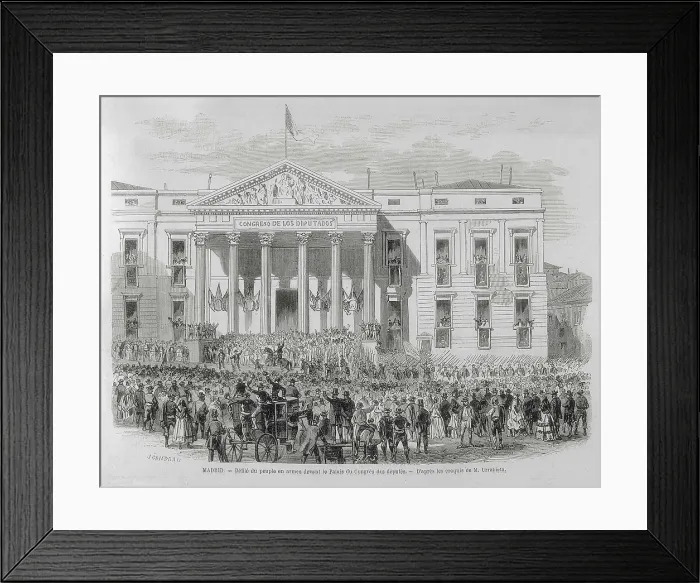 Framed Print : Spain (1868). Madrid. Armed people parading in front of the Congress. Illustration after a drawing by M. Urrabieta published in 'L'Illustration. Journal Universel'