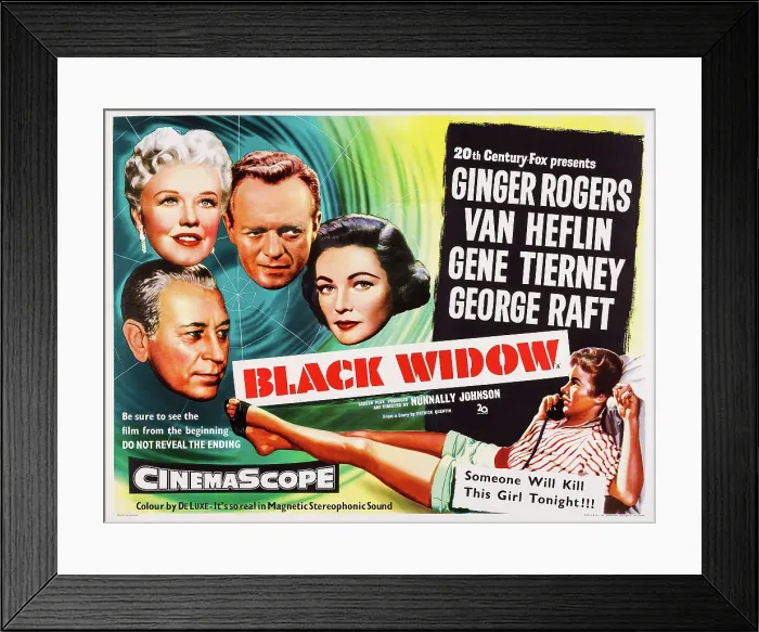 Framed Print : BLACK WIDOW, British poster art, from bottom left: George Raft, Ginger Rogers, Van Heflin, Gene Tierney, Peggy Ann Garner, 1954. TM & Copyright 20th Century Fox Film Corp Framed Print : BLACK WIDOW, British poster art, from bottom left: George Raft, Ginger Rogers, Van Heflin, Gene Tierney, Peggy Ann Garner, 1954. TM & Copyright 20th Century Fox Film Corp