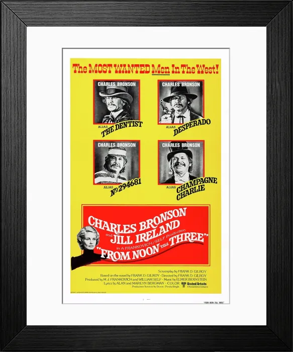 Framed Print : FROM NOON TILL THREE, US poster art, top (all 4 inserts): Charles Bronson; bottom left: Jill Ireland, 1976 Framed Print : FROM NOON TILL THREE, US poster art, top (all 4 inserts): Charles Bronson; bottom left: Jill Ireland, 1976