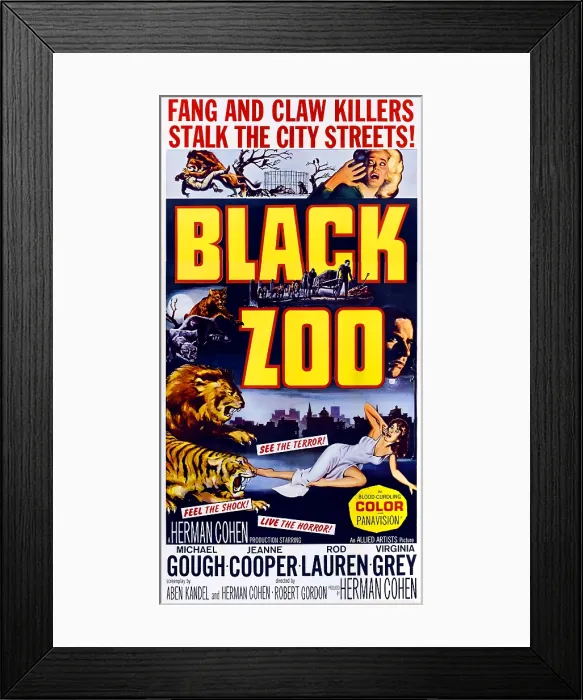 Framed Print : BLACK ZOO, mid-right: Michael Gough on 3-sheet poster art, 1963
