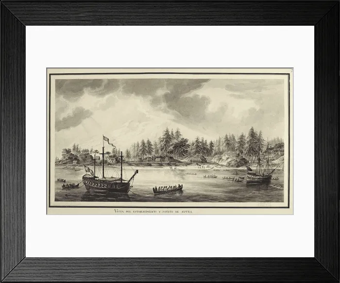 Framed Print : America. Canada. Expedition of Malaspina (1789-1794). View of the settlement and port of Nutka. Drawing by Fernando Brambila. Drawing. SPAIN. Madrid. America's Museum Framed Print : America. Canada. Expedition of Malaspina (1789-1794). View of the settlement and port of Nutka. Drawing by Fernando Brambila. Drawing. SPAIN. Madrid. America's Museum