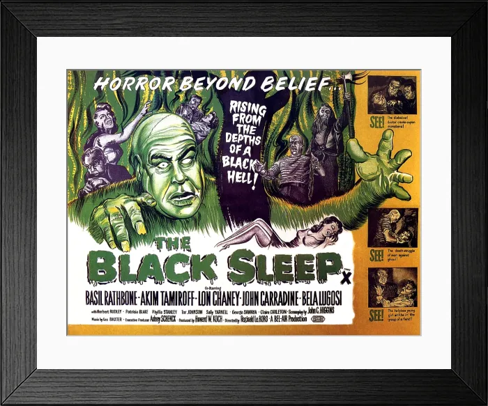 Framed Print : THE BLACK SLEEP, close-up on left: Tor Johnson; girl in foreground: Patricia Blair (aka Patricia Blake'); background from left: Bela Lugosi, Sally Yarnell