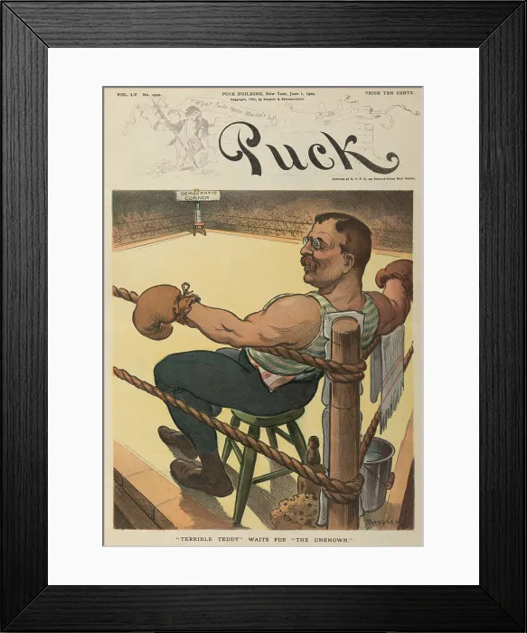 Framed Print : TERRIBLE TEDDY WAITS FOR THE UNKNOWN, cartoon in PUCK Magazine, June 1, 1904