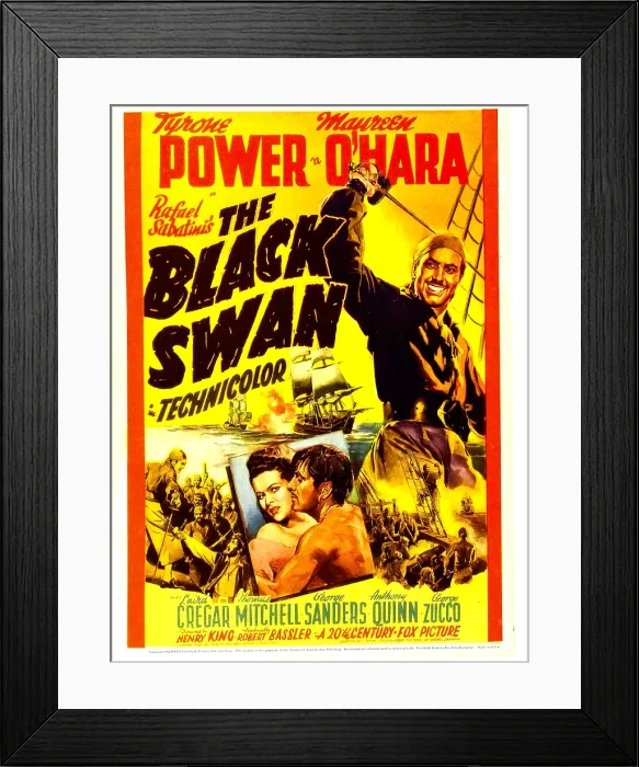Framed Print : THE BLACK SWAN, right: Tyrone Power, center from left: Maureen O'Hara, Tyrone Power on midget window card, 1942, TM and Copyright 20th Century Fox Film Corp