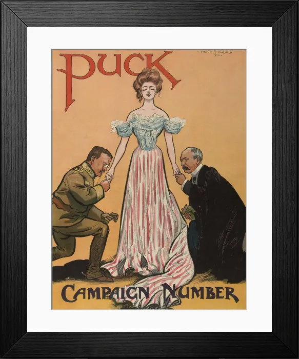 Framed Print : PUCK Magazine cover about the 1904 US Presidential election. It shows Columbia standing between kneeling President Theodore Roosevelt and Democratic challenger, Alton B