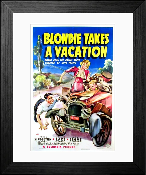 Framed Print : BLONDIE TAKES A VACATION, US poster art, from left: Arthur Lake, Daisy the dog, Penny Singleton, Larry Simms, 1939 Framed Print : BLONDIE TAKES A VACATION, US poster art, from left: Arthur Lake, Daisy the dog, Penny Singleton, Larry Simms, 1939