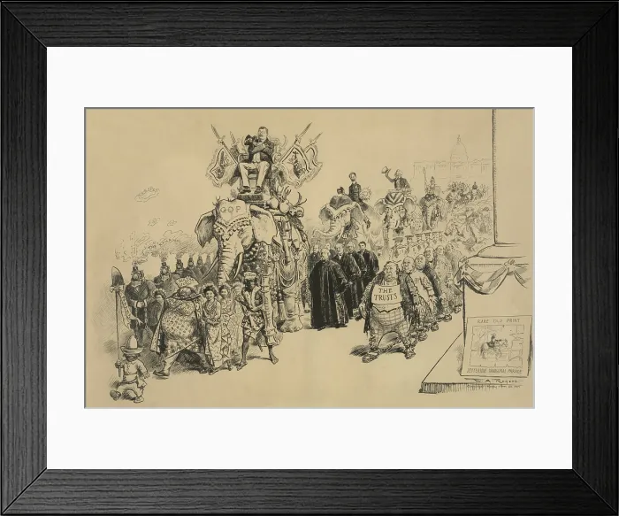 Framed Print : THE GREAT AMERICAN DURBAR, by William A. Rogers, c. 1905. Cartoon showing President Theodore Roosevelt riding in Triumph Framed Print : THE GREAT AMERICAN DURBAR, by William A. Rogers, c. 1905. Cartoon showing President Theodore Roosevelt riding in Triumph