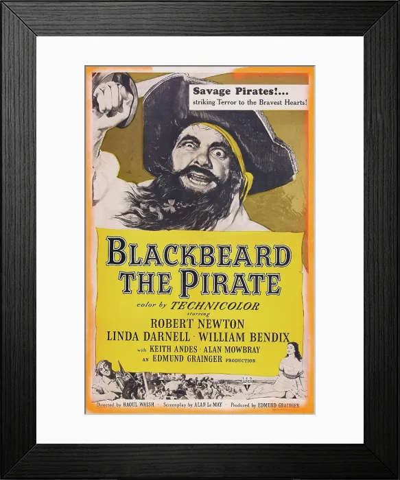 Framed Print : BLACKBEARD THE PIRATE, US poster, Robert Newton (top), William Bendix (bottom left), Linda Darnell (bottom right), 1952 Framed Print : BLACKBEARD THE PIRATE, US poster, Robert Newton (top), William Bendix (bottom left), Linda Darnell (bottom right), 1952