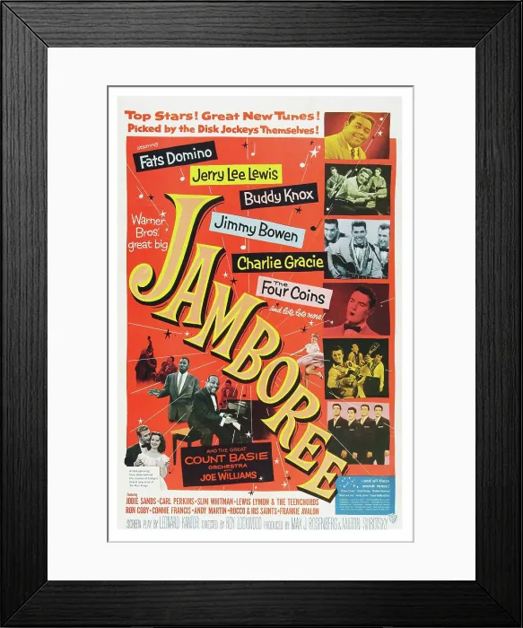 Framed Print : JAMBOREE, US poster art, lower left: Joe Williams, Count Basie, right from top: Fats Domino, Jerry Lee Lewis, Buddy Knox, Jimmy Bowen, Charlie Gracie, The Four Coins, 1957