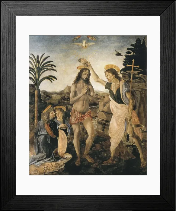 Framed Print : VERROCHIO, Andrea del (1435-1488). The Baptism of Christ. 1472-1475. Work made in collaboration with Leonardo da Vinci. Renaissance art. Cinquecento. Oil on wood. ITALY. Florence