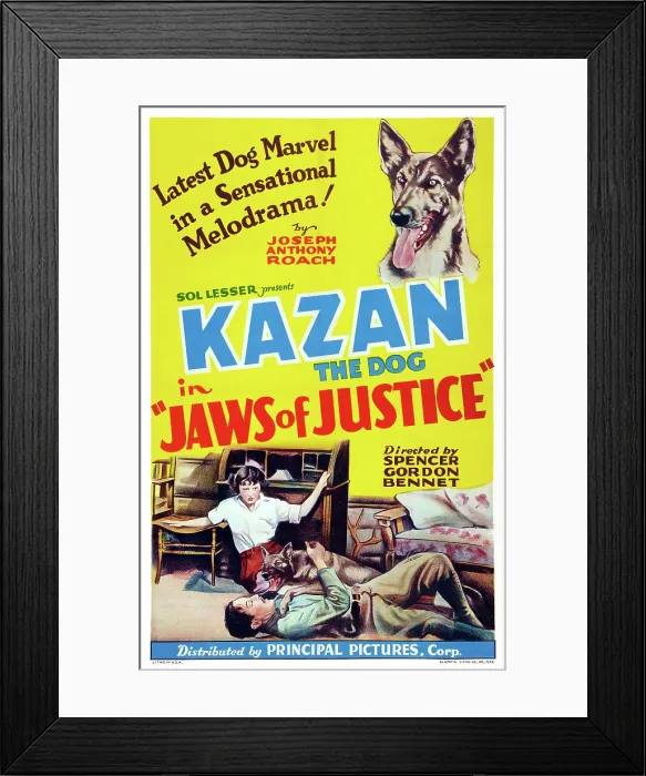 Framed Print : JAWS OF JUSTICE, top: Kazan the Wonder Dog on poster art, 1933