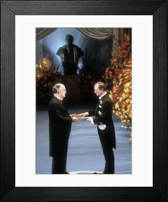 Framed Print : The Spanish writer Camilo Jos Cela (left) receiving the Nobel Prize in Literature from Carl Gustaf of Sweden (1989). AISA / Everett Collection**US SALES ONLY**