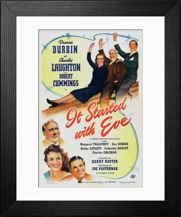Framed Print : IT STARTED WITH EVE, Deanna Durbin, Charles Laughton, Robert Cummings, Guy Kibbee, Margaret Tallichet, 1941 Poster art Framed Print : IT STARTED WITH EVE, Deanna Durbin, Charles Laughton, Robert Cummings, Guy Kibbee, Margaret Tallichet, 1941 Poster art