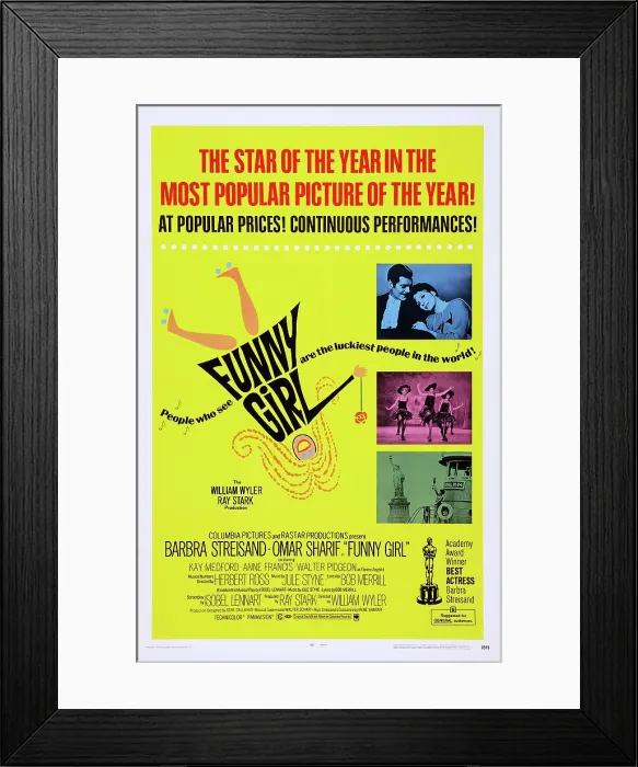 Framed Print : FUNNY GIRL, top right photo, from left: Omar Sharif, Barbra Streisand; center dancer in middle right photo: Barbra Streisand; 1-sheet poster art, 1968