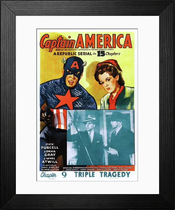 Framed Print : CAPTAIN AMERICA, US poster, top from left: Dick Purcell, Lorna Gray, 1944 Framed Print : CAPTAIN AMERICA, US poster, top from left: Dick Purcell, Lorna Gray, 1944