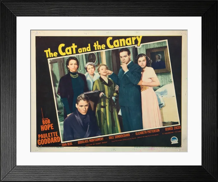 Framed Print : THE CAT AND THE CANARY, front to back: Douglass Montgomery, Gale Sondergaard, Elizabeth Patterson, Nydia Westman, Bob Hope, Paulette Goddard, lobbycard, 1939