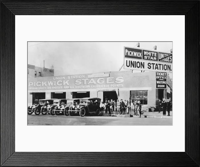Framed Print : Passengers wait for a Pickwick Stage at Charles Wren's Union Station in Los Angeles, 1920 Framed Print : Passengers wait for a Pickwick Stage at Charles Wren's Union Station in Los Angeles, 1920