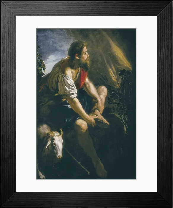 Framed Print : FETI, Domenico (1588-1623). Moses before the Burning Bush. 1613 - 1614. Baroque art. Oil on wood. AUSTRIA. Vienna. Kunsthistorisches Museum Vienna (Museum of Art History)