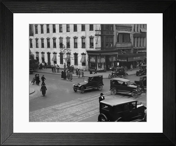 Framed Print : Washington, D.C. intersection with automobile traffic and pedestrians in 1924