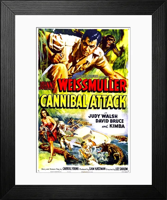 Framed Print : CANNIBAL ATTACK, US poster, Johnny Weismuller (top), 1954 Framed Print : CANNIBAL ATTACK, US poster, Johnny Weismuller (top), 1954