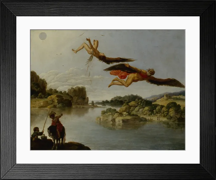 Framed Print : Landscape with Fall of Icarus (Paesaggio con caduta di Icaro), by Carlo Saraceni, 1606-1607, 17th Century, oil on copper, 34 x 54 cm - Italy, Campania, Napoli